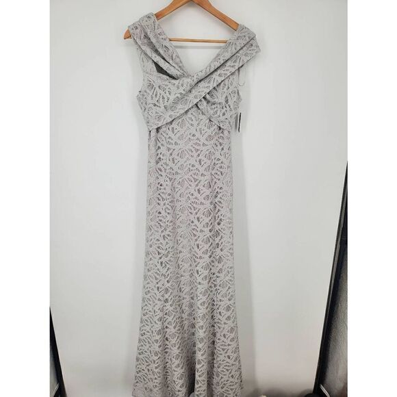 TAHARI ASL NWT Women's Limestone Lace Cold shoulder Lace Ball Gown Dress Size 6 - Picture 3 of 8